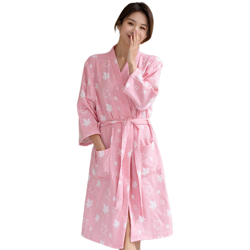 Pink maple leaf-patterned pure cotton milk silk ladies' bathrobe and pajama in dress style Item Picture