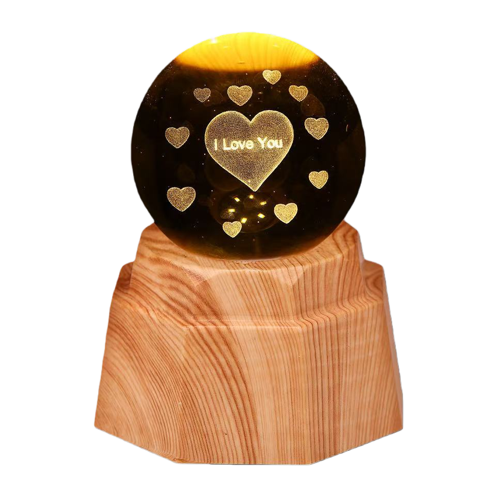 Heart-shaped luminous crystal ball night light, 3d engraved starry sky, solid wood base, creative desktop decoration, birthday gift Item Picture