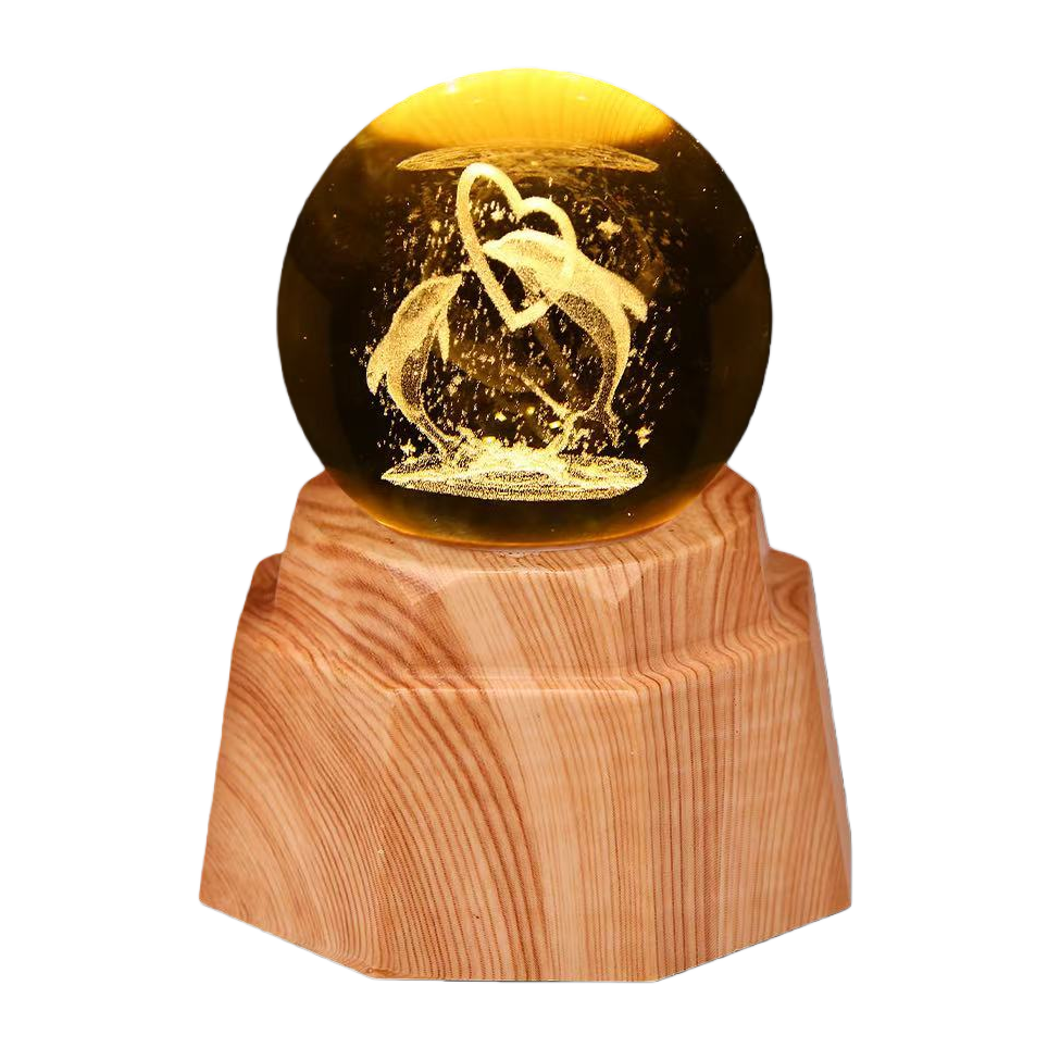 Dolphin Heart Luminous Crystal Ball Night light, 3d engraved starry sky, solid wood base, creative desktop decoration, birthday gift Item Picture