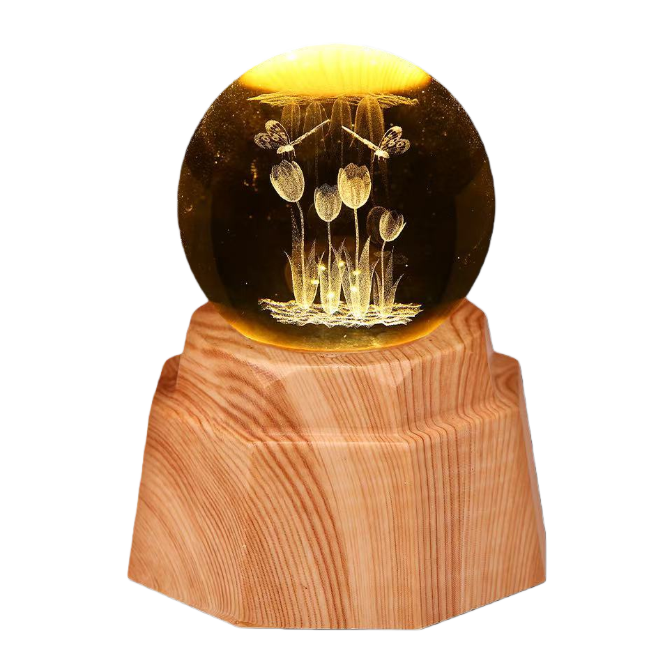 Tulip luminous crystal ball night light, 3d engraved starry sky, solid wood base, creative desktop decoration, birthday gift Item Picture