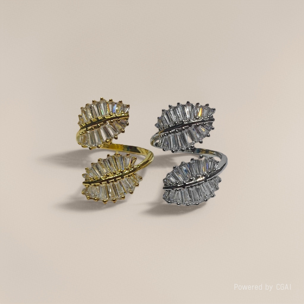 Ins-style simple and cold design open ring, leaf and flower branch shaped zircon ring, live ring open ring details Picture