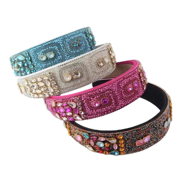 New fashionable cross-border European and American style Baroque full diamond personalized wide edge rice bead hair band, ladies' ball travel hair accessory Item Picture