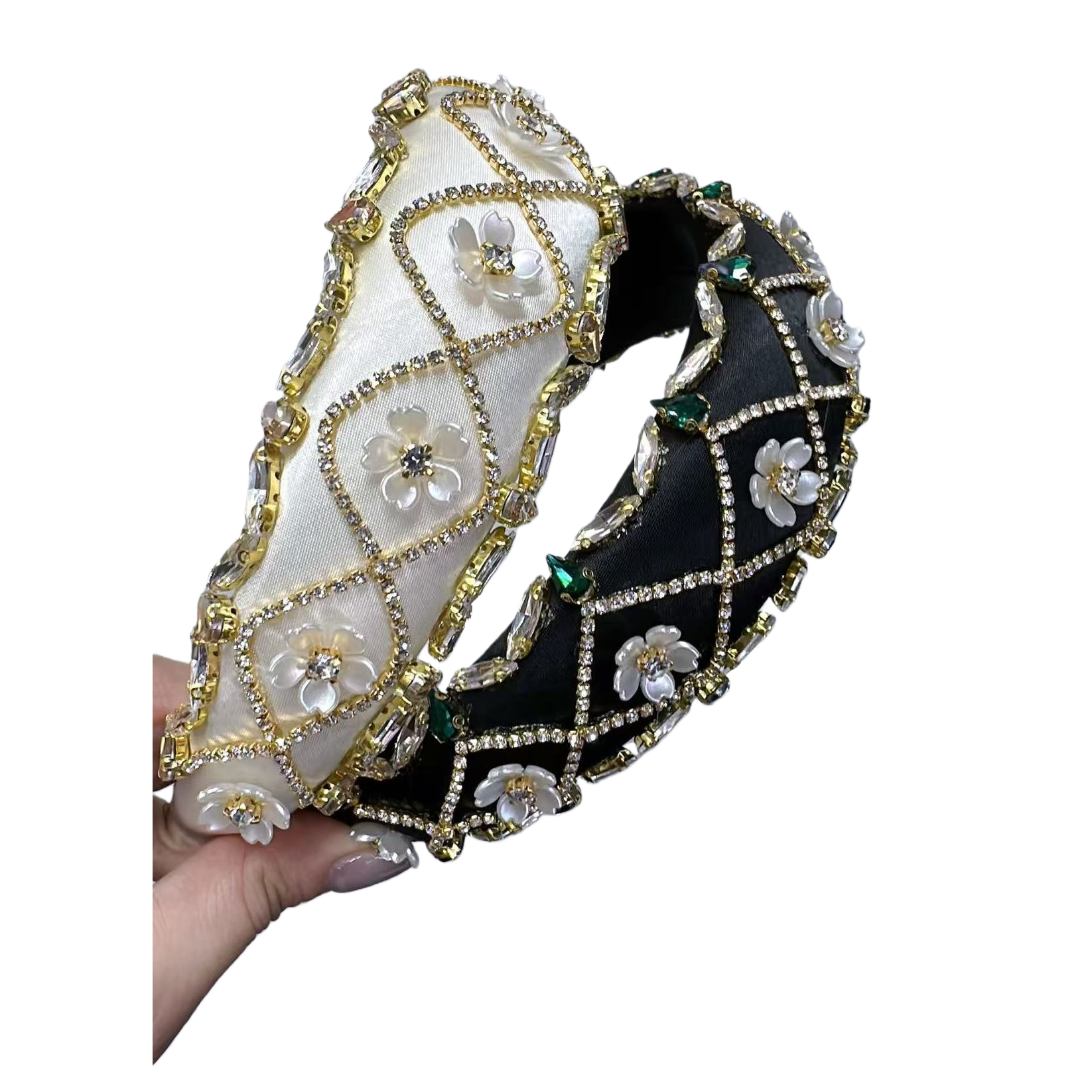 The hairband is simple, sweet and fresh. It features a grid, diamond-encrusted and flower-patterned wide band. It is a beautiful and versatile hair accessory and headwear for women Item Picture
