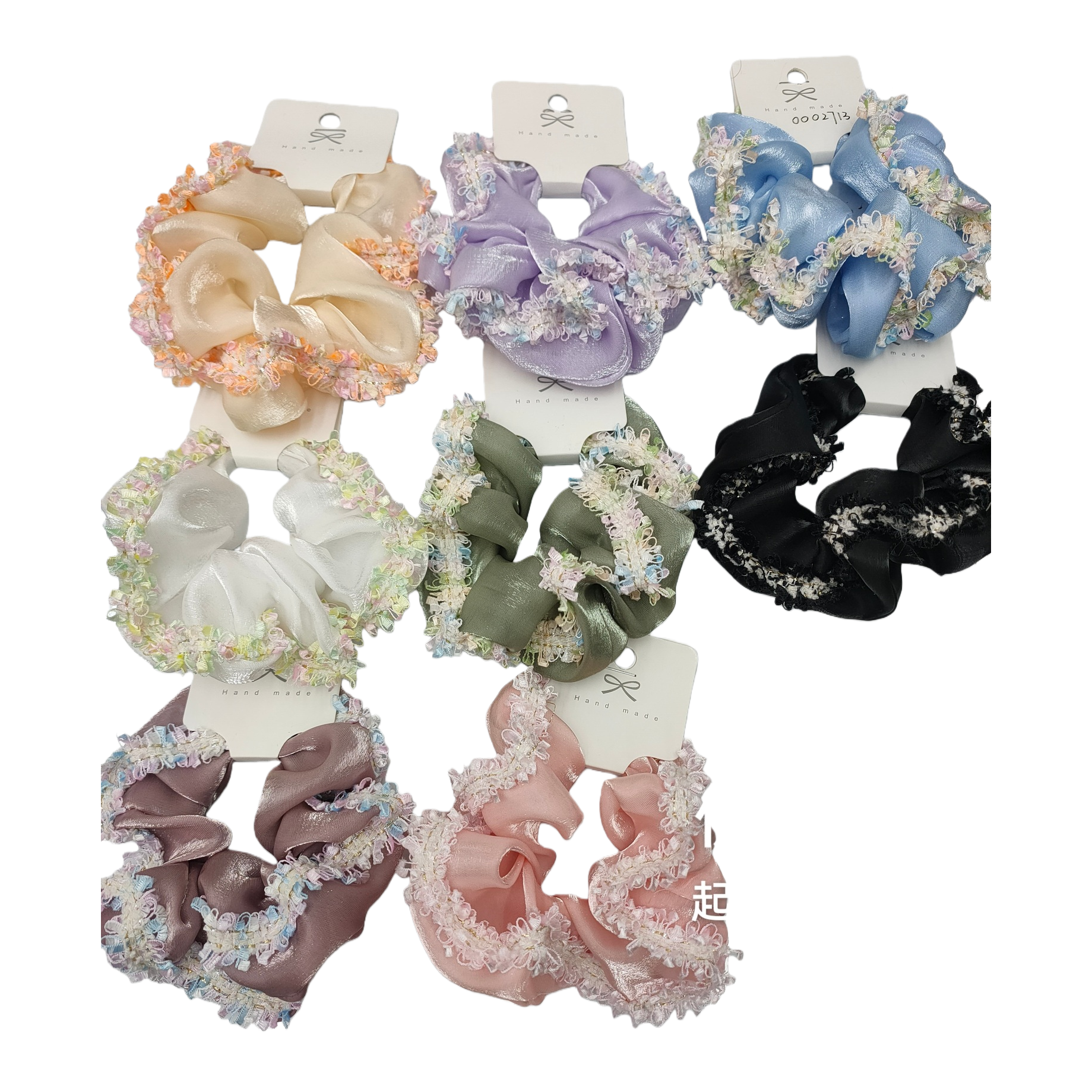 Sweet and high-end satin floral fringed large intestine hair band, feminine atmosphere, hair bun, low ponytail headwear and hair accessory Item Picture