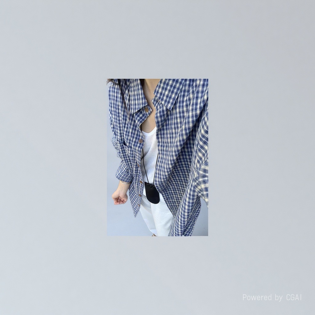 女士长袖韩系蓝白格子刺绣衬衫女时尚女装衬衫