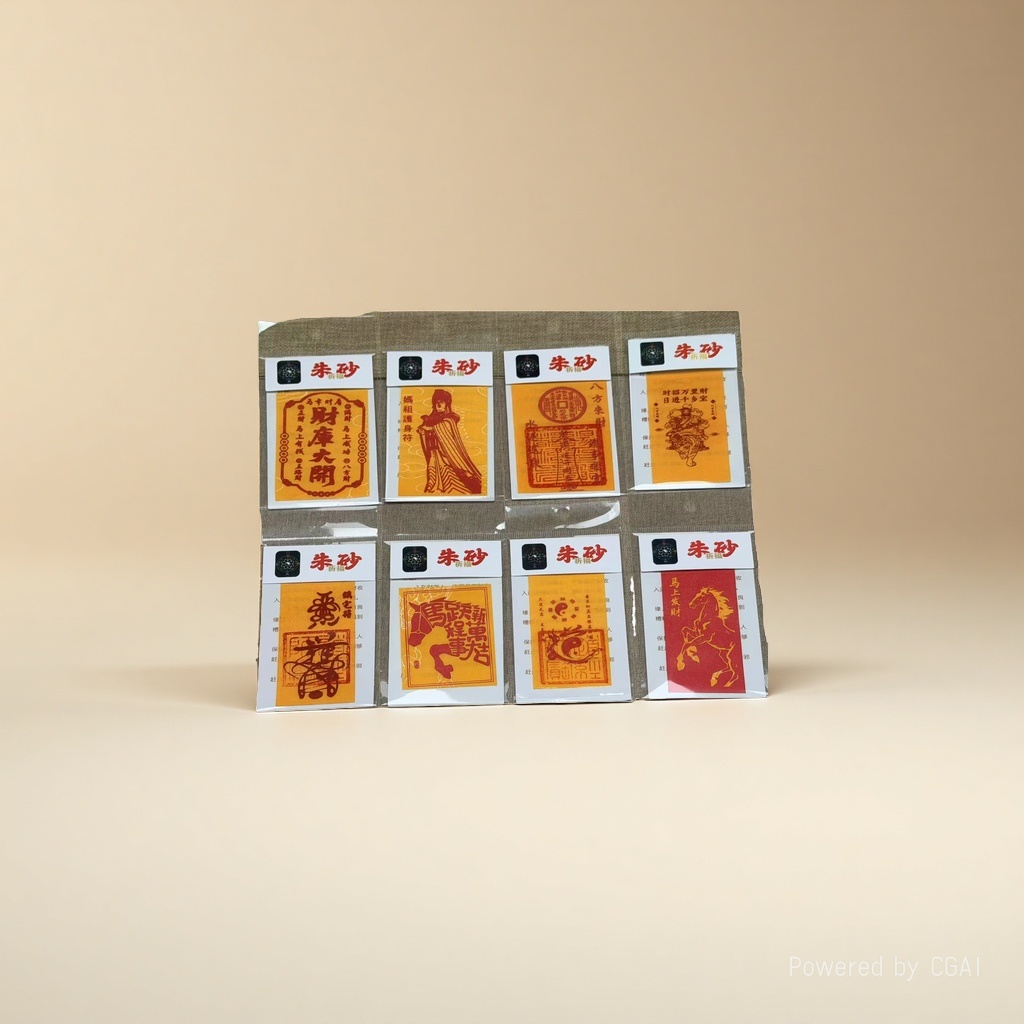Taoist items: cinnabar, cinnabar talisman paper, gong, human emperor banner, Holy Mother ritual implements, religious objects Specification image
