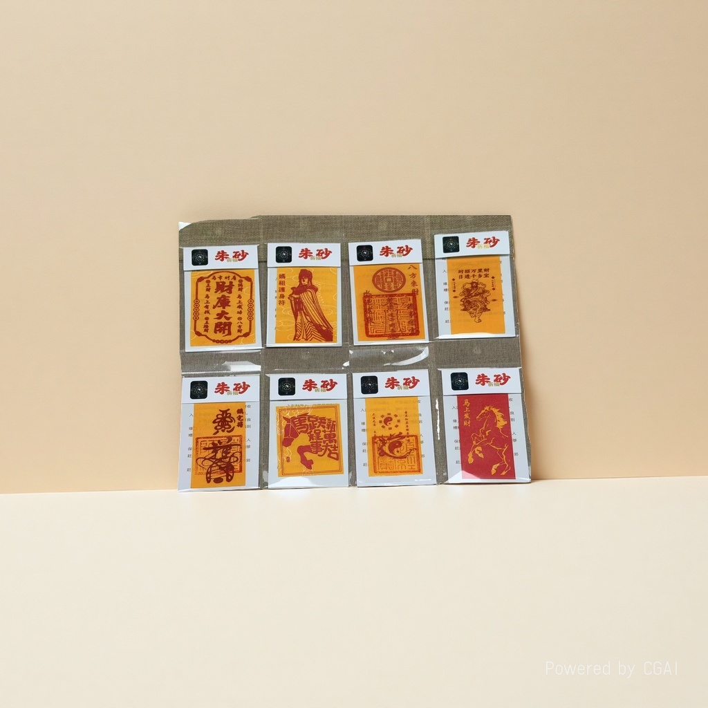 Taoist items: cinnabar, cinnabar talisman paper, gong, human emperor banner, Holy Mother ritual implements, religious objects