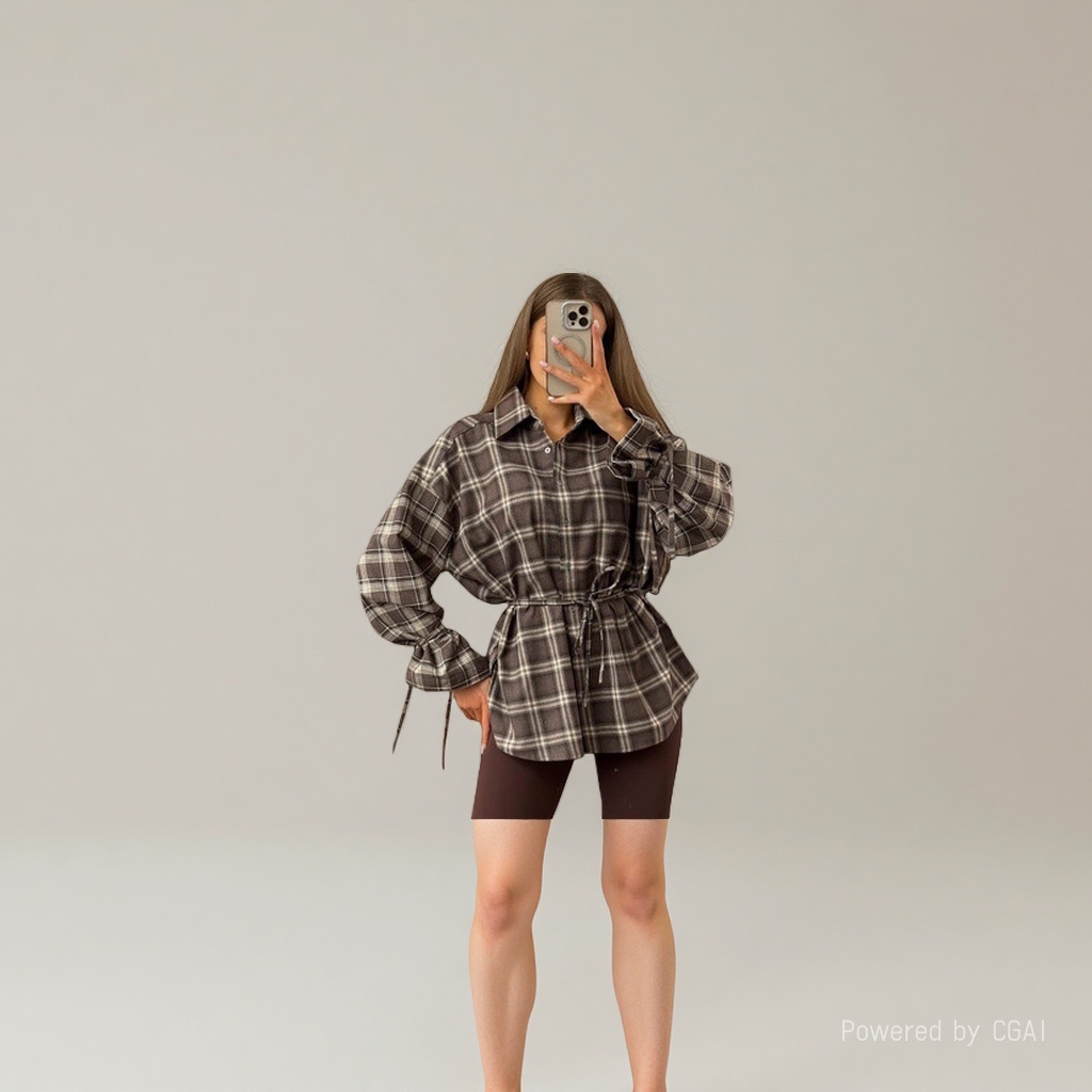 女式棕白格子刺绣长袖衬衫女装时尚女士衬衫