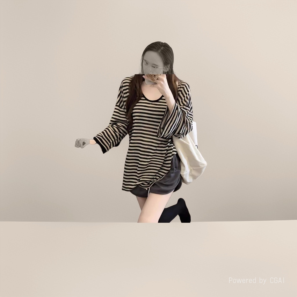 莱赛尔莫代尔女式条纹长袖T恤夏季