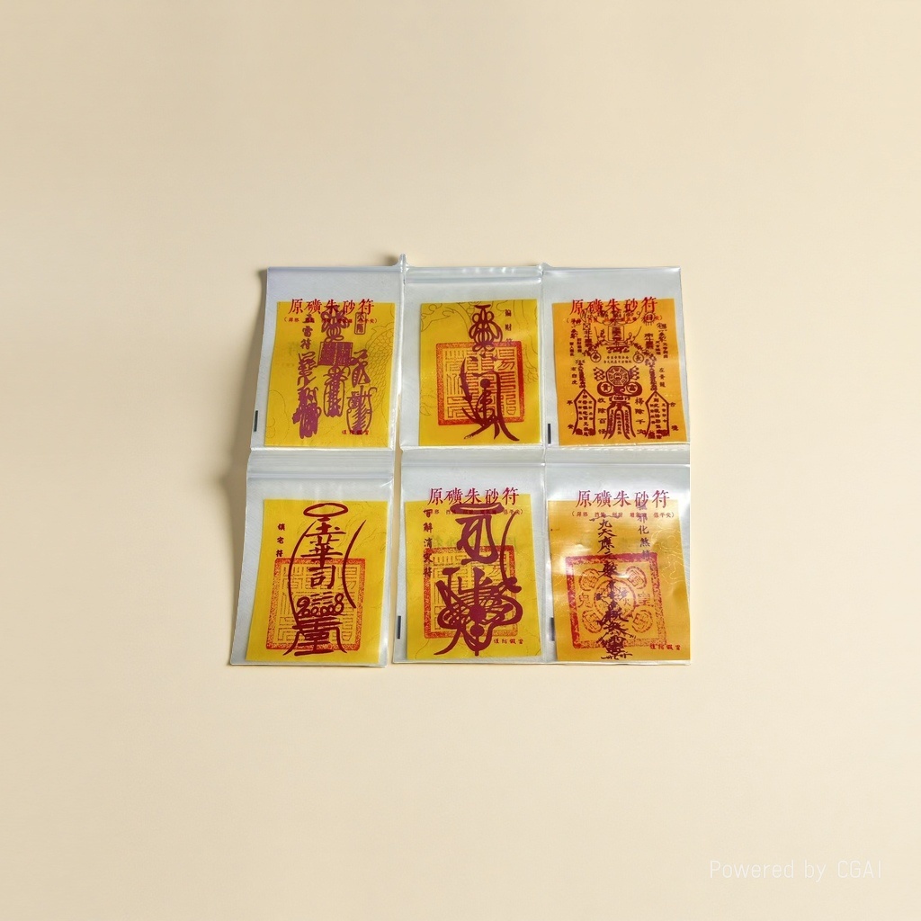 The Taoist Six-Talisman set, yellow talisman paper, cinnabar characters, transparent bag, Five thunder cinnabar talisman, Wealth talisman, Great Hundred Explanations, House Protection Talisman, Imperial banner, Holy Mother, Taoist supplies Specification image