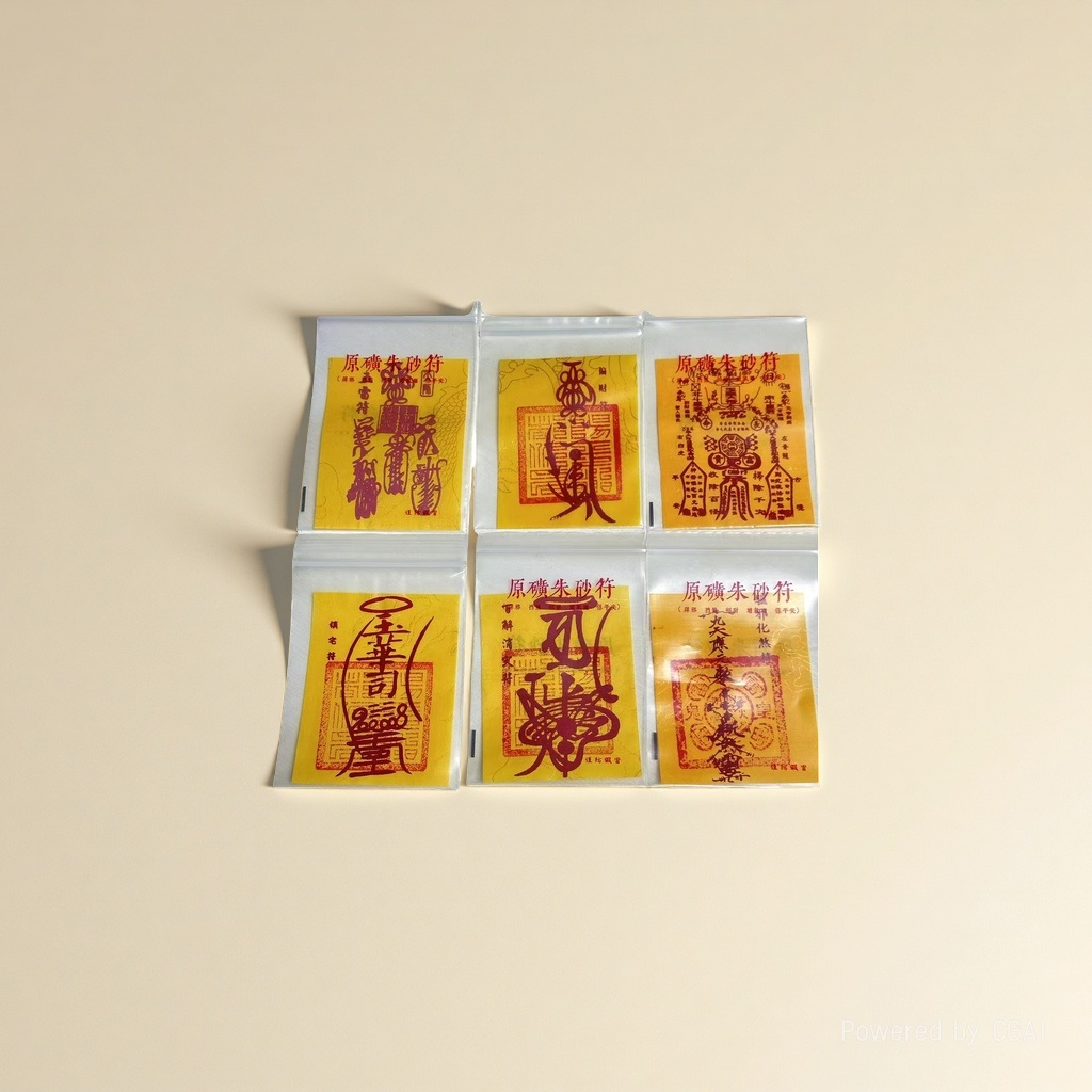 The Taoist Six-Talisman set, yellow talisman paper, cinnabar characters, transparent bag, Five thunder cinnabar talisman, Wealth talisman, Great Hundred Explanations, House Protection Talisman, Imperial banner, Holy Mother, Taoist supplies