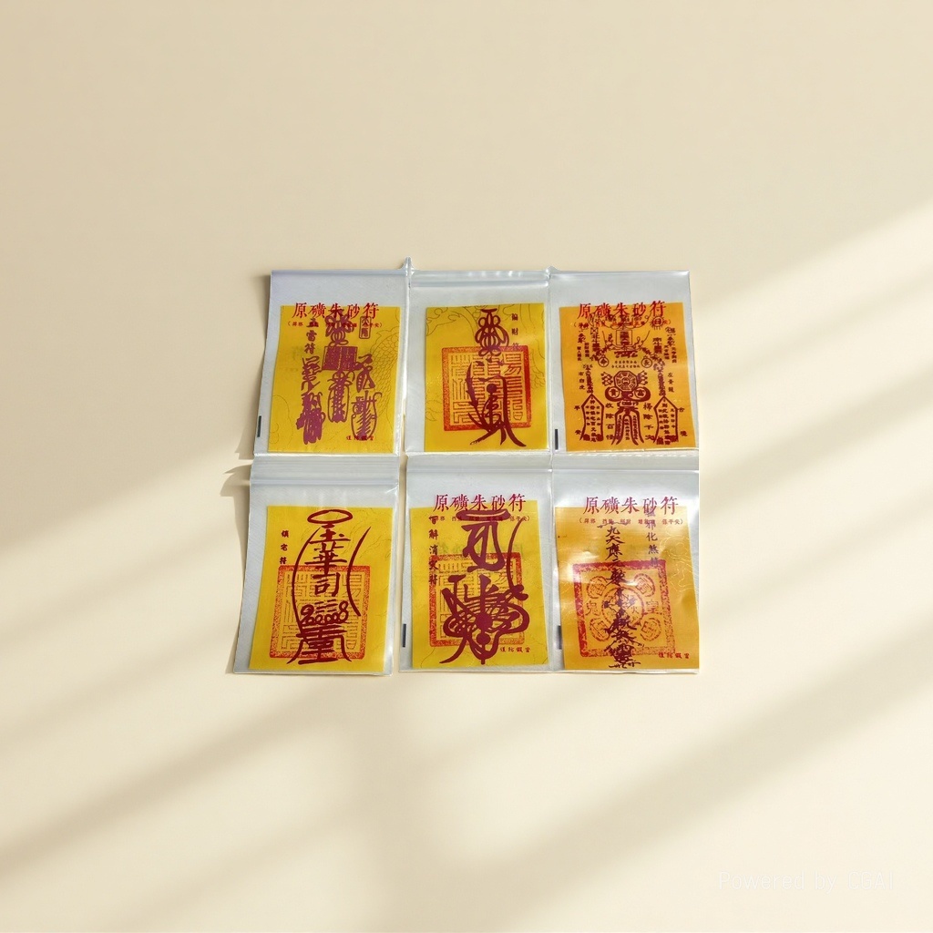 The Taoist Six-Talisman set, yellow talisman paper, cinnabar characters, transparent bag, Five thunder cinnabar talisman, Wealth talisman, Great Hundred Explanations, House Protection Talisman, Imperial banner, Holy Mother, Taoist supplies Application Scenario