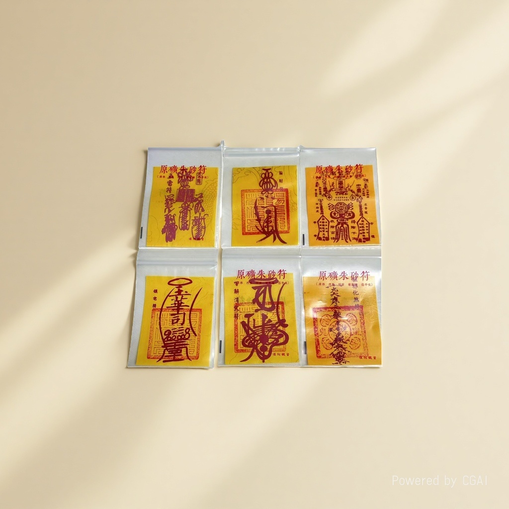 The Taoist Six-Talisman set, yellow talisman paper, cinnabar characters, transparent bag, Five thunder cinnabar talisman, Wealth talisman, Great Hundred Explanations, House Protection Talisman, Imperial banner, Holy Mother, Taoist supplies details Picture