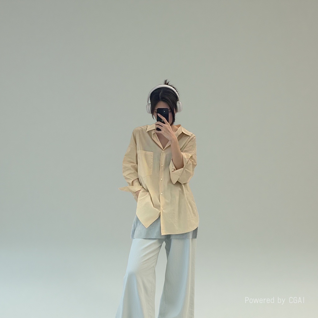 浅黄色女式长袖衬衫时尚大气清新衬衫带口袋
