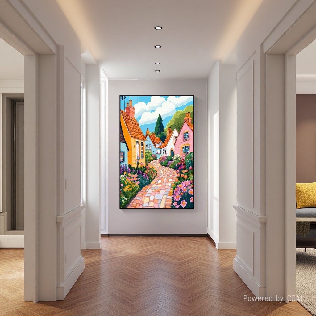 Landscape paintings, colorful houses and gardens, hand-painted three-dimensional oil paintings, fabric decorative paintings, American paper-cut paintings details Picture