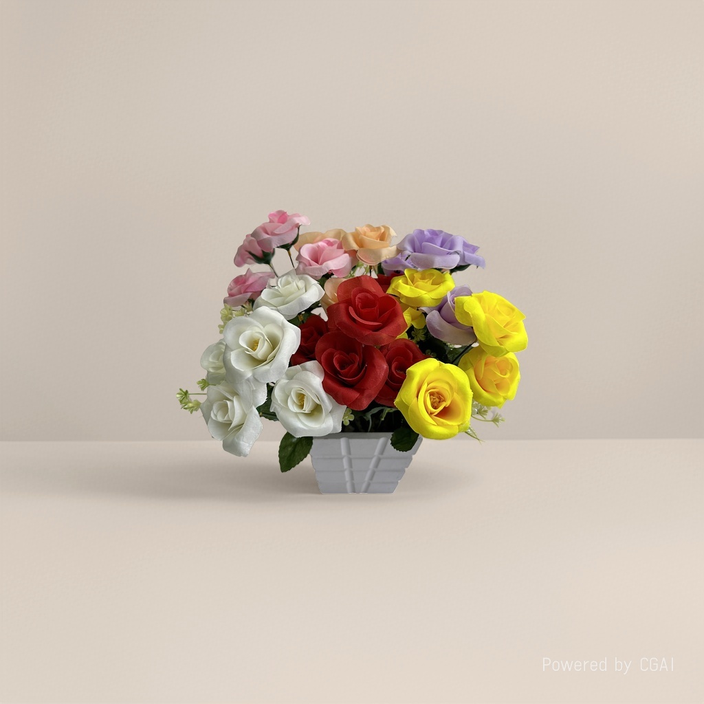 "Artificial rose color bouquet with flowerpot, rose petals present bouquet Flowers. Application Scenario