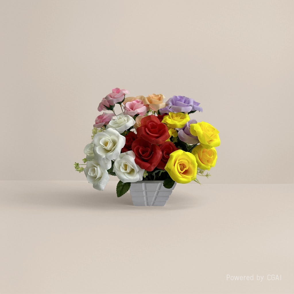 "Artificial rose color bouquet with flowerpot, rose petals present bouquet Flowers. Specification image