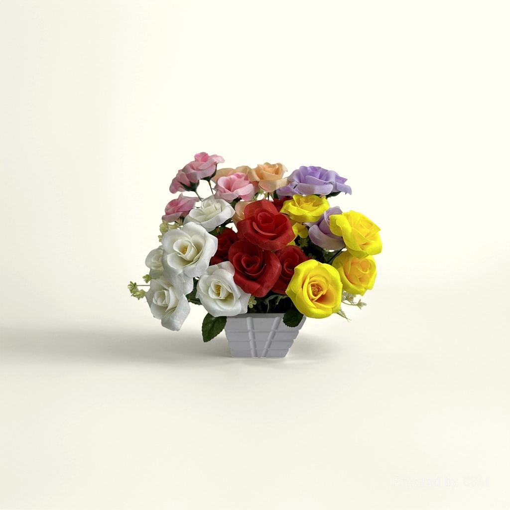 "Artificial rose color bouquet with flowerpot, rose petals present bouquet Flowers. details Picture