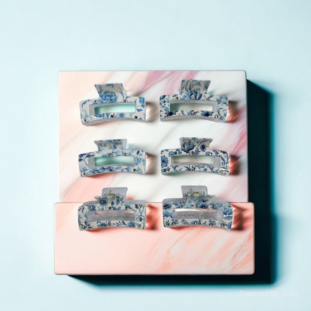 Blue floral pattern acetate shark clip, 18cm hairpin