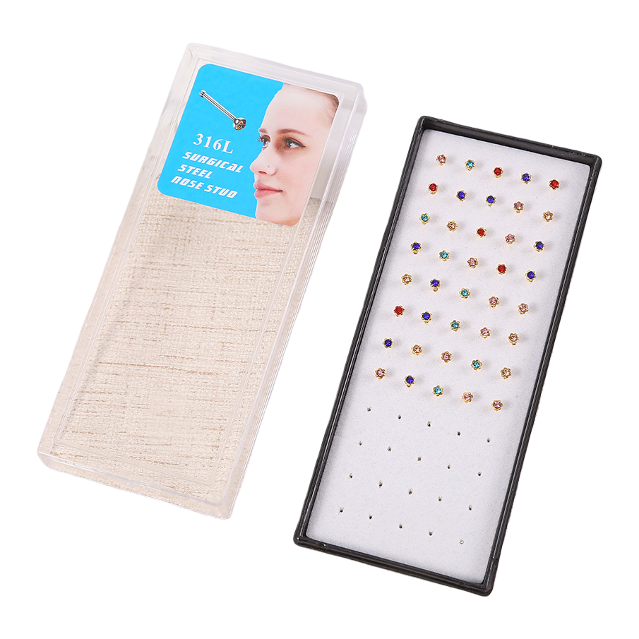 Cross-border stainless steel nose stud, straight rod, diamond inlay, gold and silver, colorful five-star plum blossom box, Type I nasal ring, pungent accessory 085922942 Item Picture