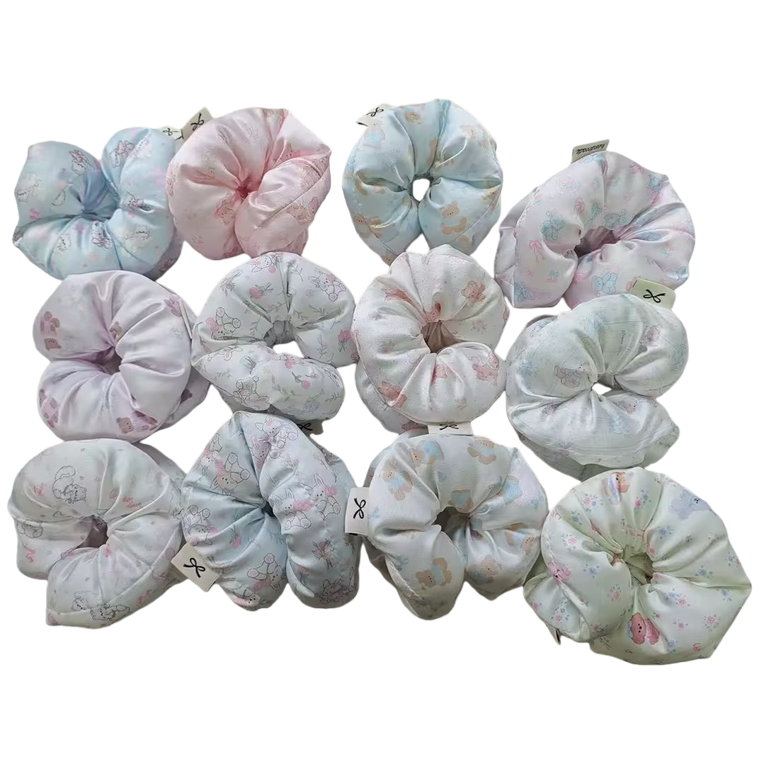 Spring and summer sweet and versatile fabric three-dimensional cotton-filled children's flower sausage circle, floral bow, girl bun hair circle Item Picture