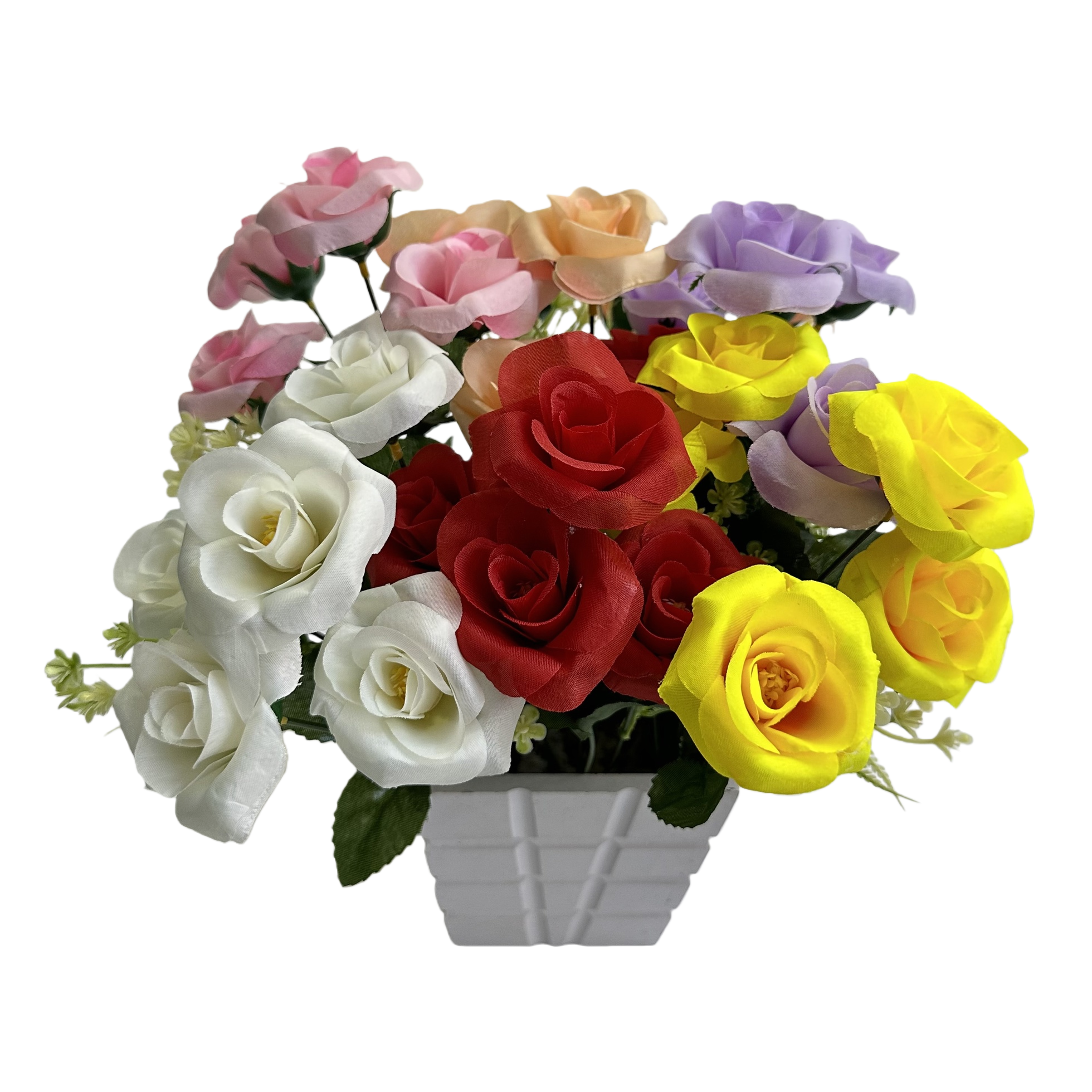 "Artificial rose color bouquet with flowerpot, rose petals present bouquet Flowers. Item Picture