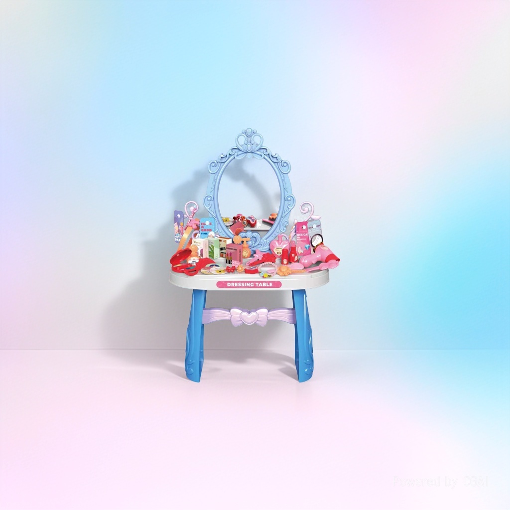 Children's makeup toy set: Blue princess makeup table with mirror and pink and red cosmetic accessories Specification image