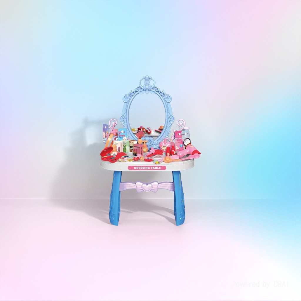 Children's makeup toy set: Blue princess makeup table with mirror and pink and red cosmetic accessories details Picture