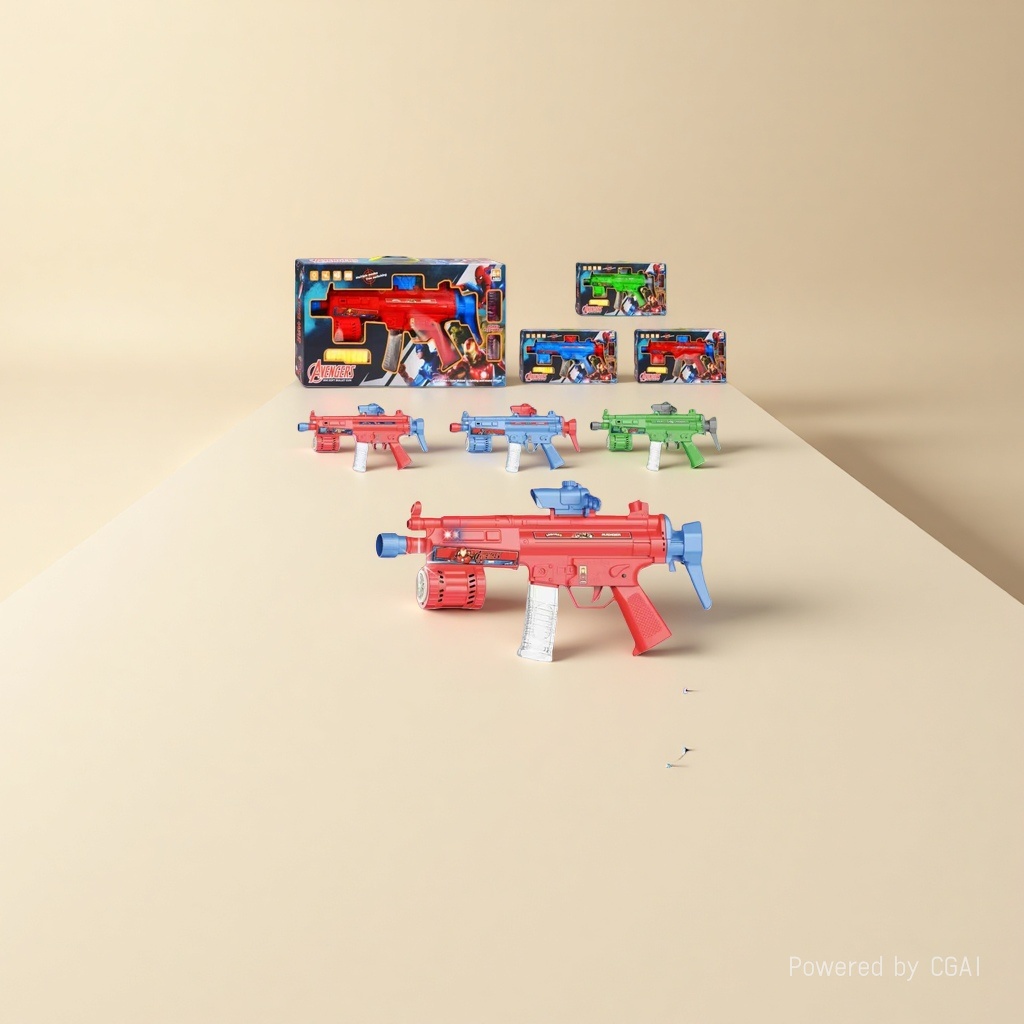 The Avengers themed M416 electric water cannon toy is available in red, blue and green colors and comes with a packaging box Specification image