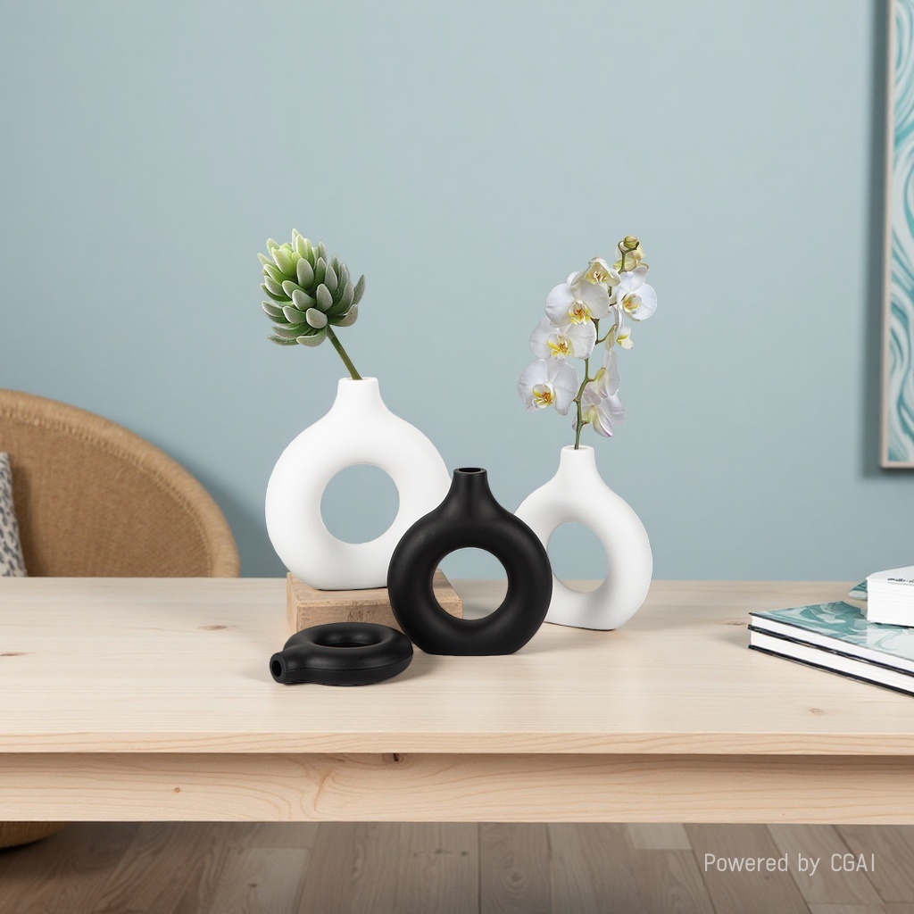 Factory wholesale donut plastic vases, imitation ceramic decorative vases, creative living room ornaments, two halves spliced Specification image