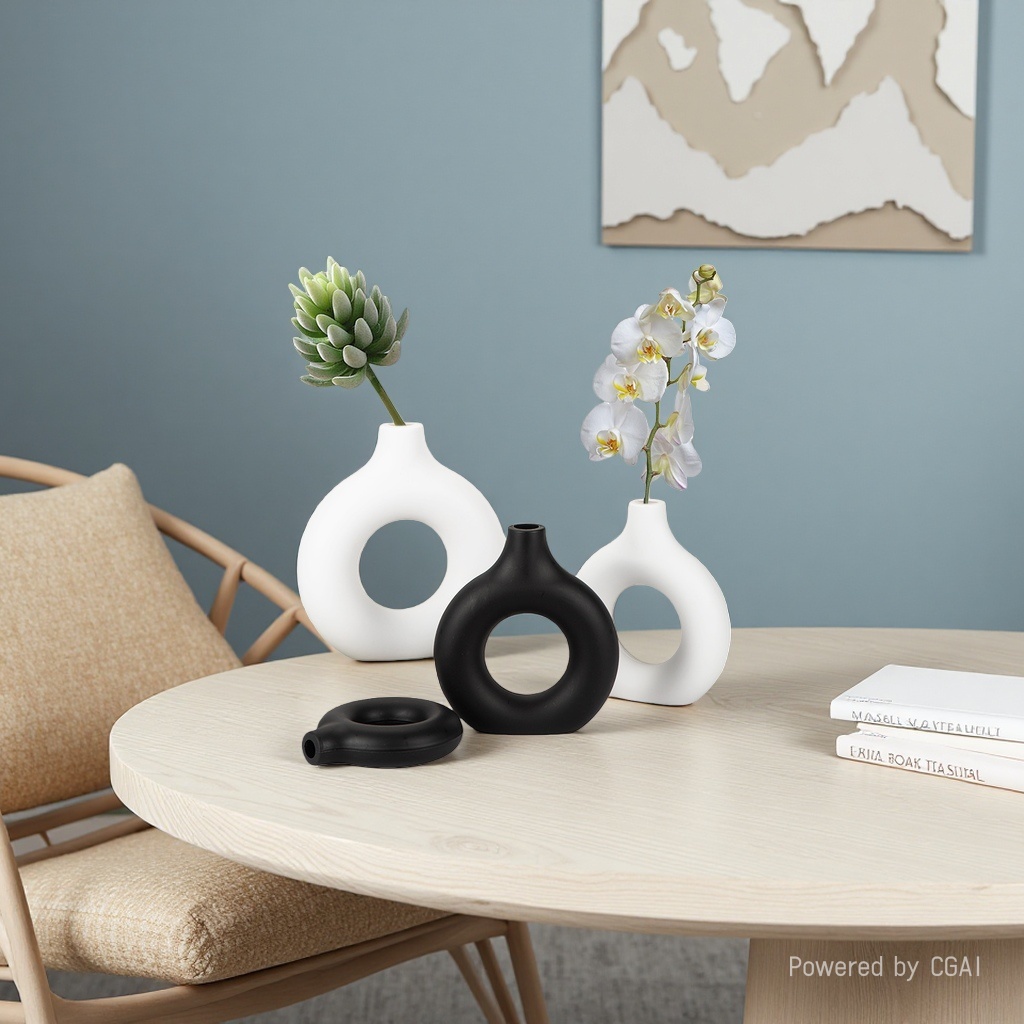 Factory wholesale donut plastic vases, imitation ceramic decorative vases, creative living room ornaments, two halves spliced details Picture