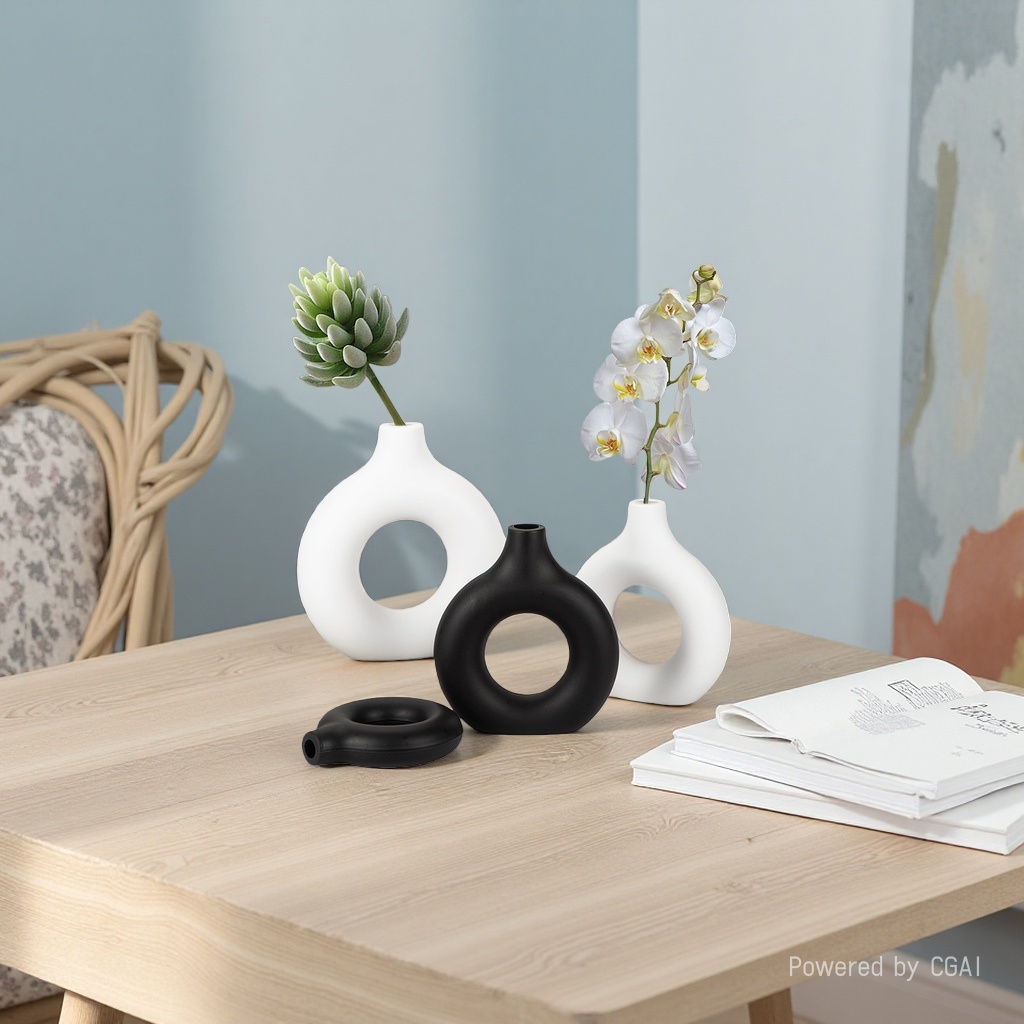 Factory wholesale donut plastic vases, imitation ceramic decorative vases, creative living room ornaments, two halves spliced Application Scenario