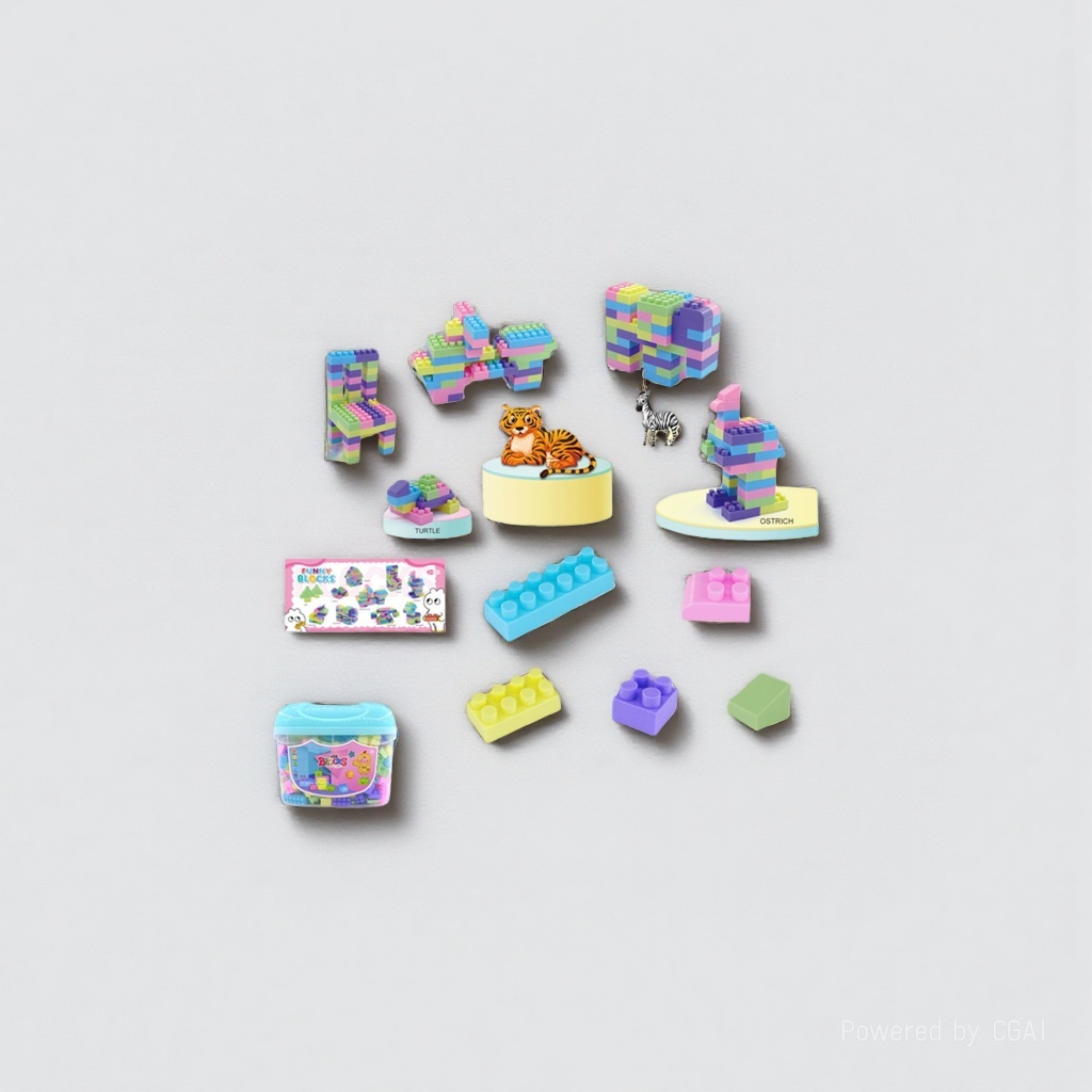 Colorful large-particle animal-shaped children's building block toy set, including elephant, giraffe, zebra, ostrich, tiger, turtle, motorcycle, chair and storage box Application Scenario