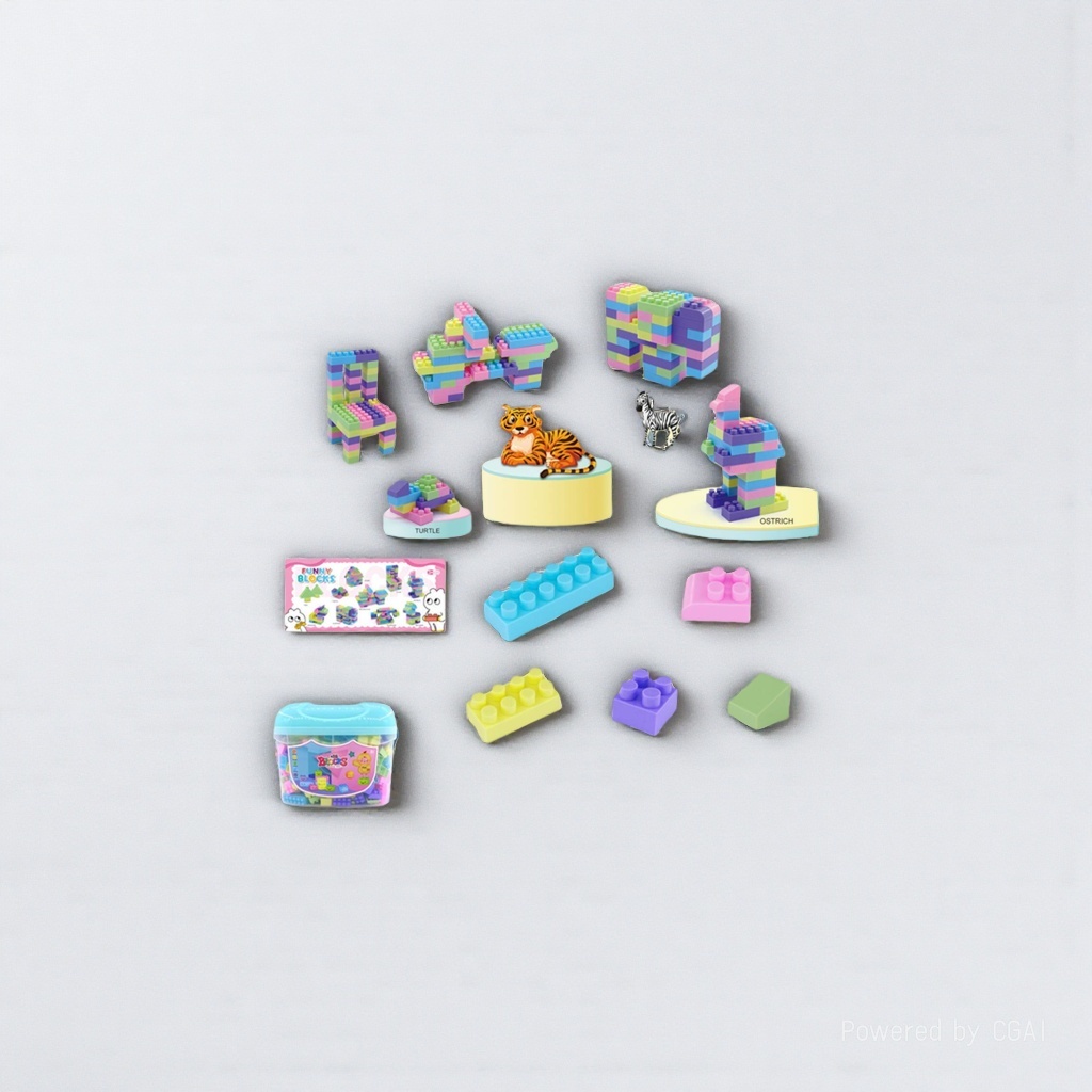 Colorful large-particle animal-shaped children's building block toy set, including elephant, giraffe, zebra, ostrich, tiger, turtle, motorcycle, chair and storage box Item Picture