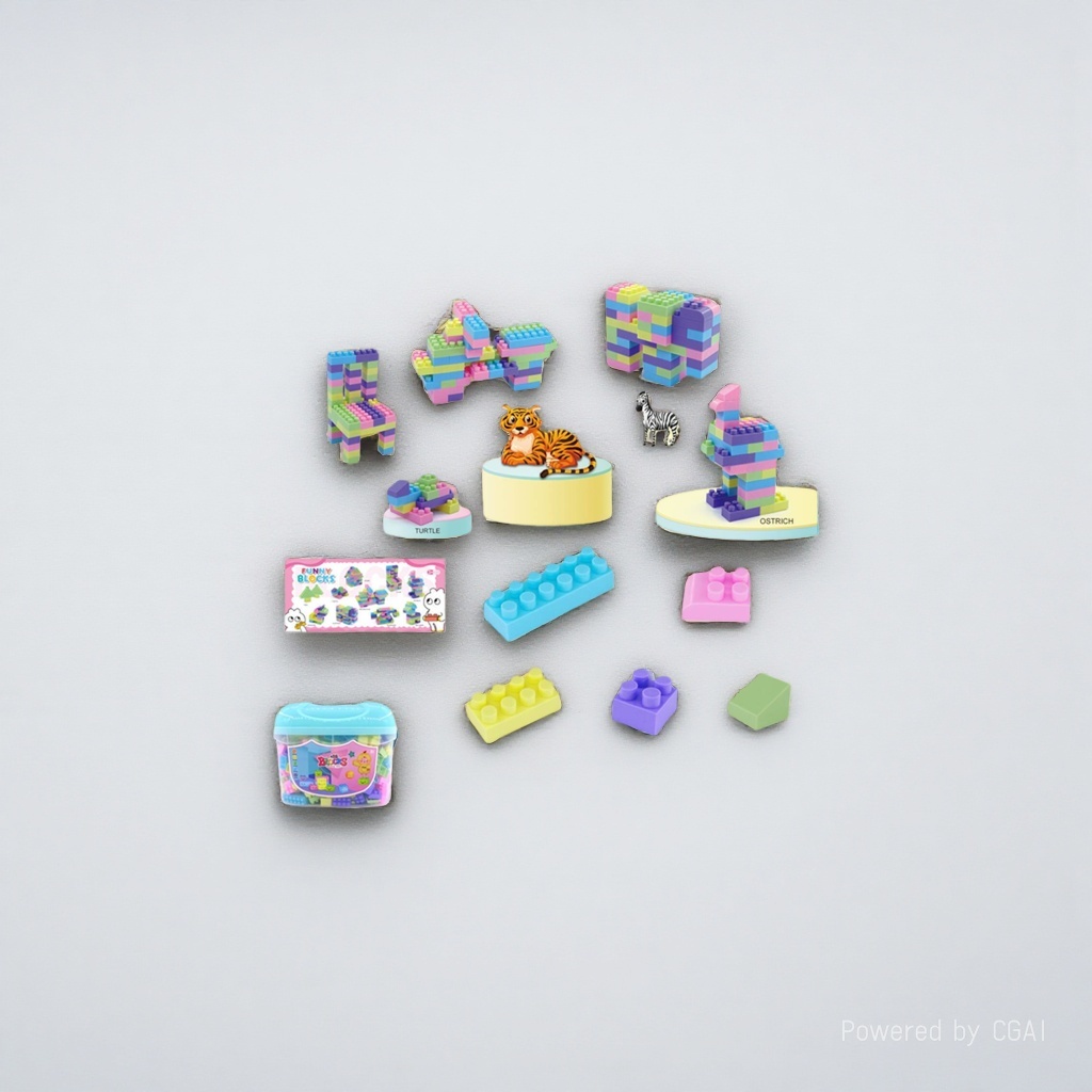 Colorful large-particle animal-shaped children's building block toy set, including elephant, giraffe, zebra, ostrich, tiger, turtle, motorcycle, chair and storage box details Picture