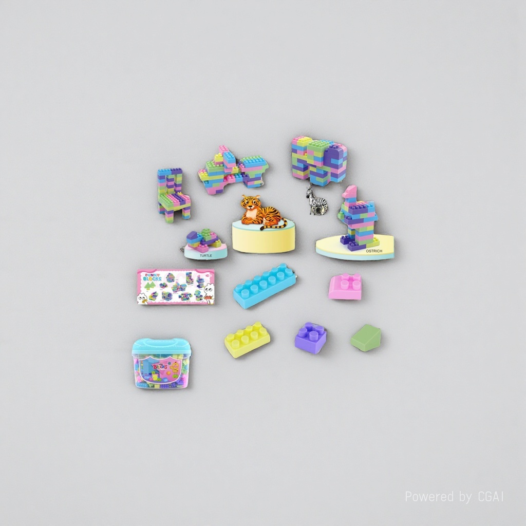Colorful large-particle animal-shaped children's building block toy set, including elephant, giraffe, zebra, ostrich, tiger, turtle, motorcycle, chair and storage box Specification image