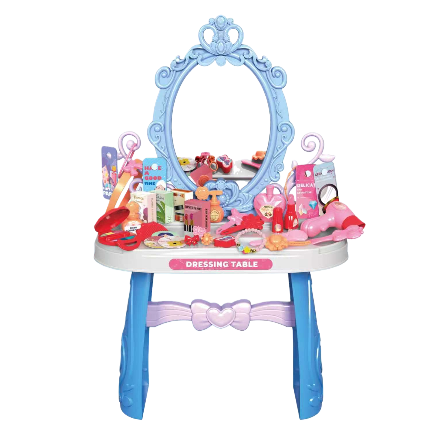 Children's makeup toy set: Blue princess makeup table with mirror and pink and red cosmetic accessories Item Picture