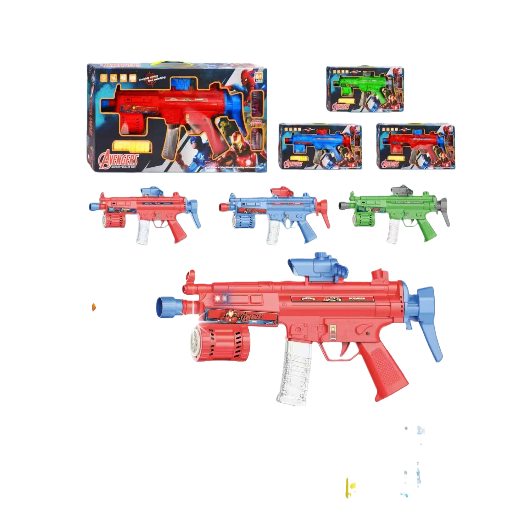 The Avengers themed M416 electric water cannon toy is available in red, blue and green colors and comes with a packaging box Item Picture