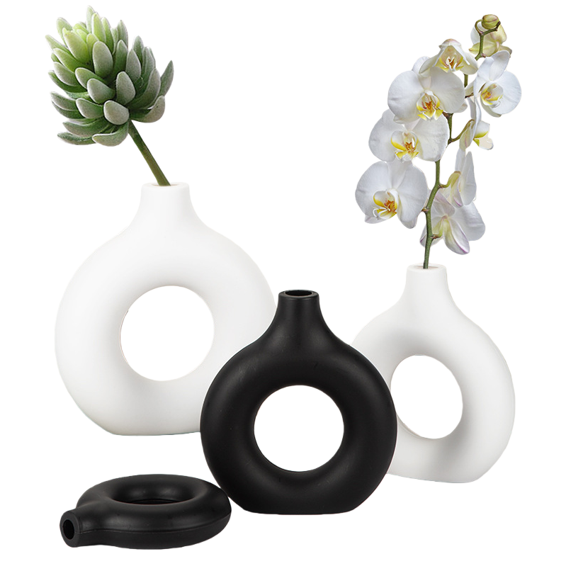Factory wholesale donut plastic vases, imitation ceramic decorative vases, creative living room ornaments, two halves spliced Item Picture