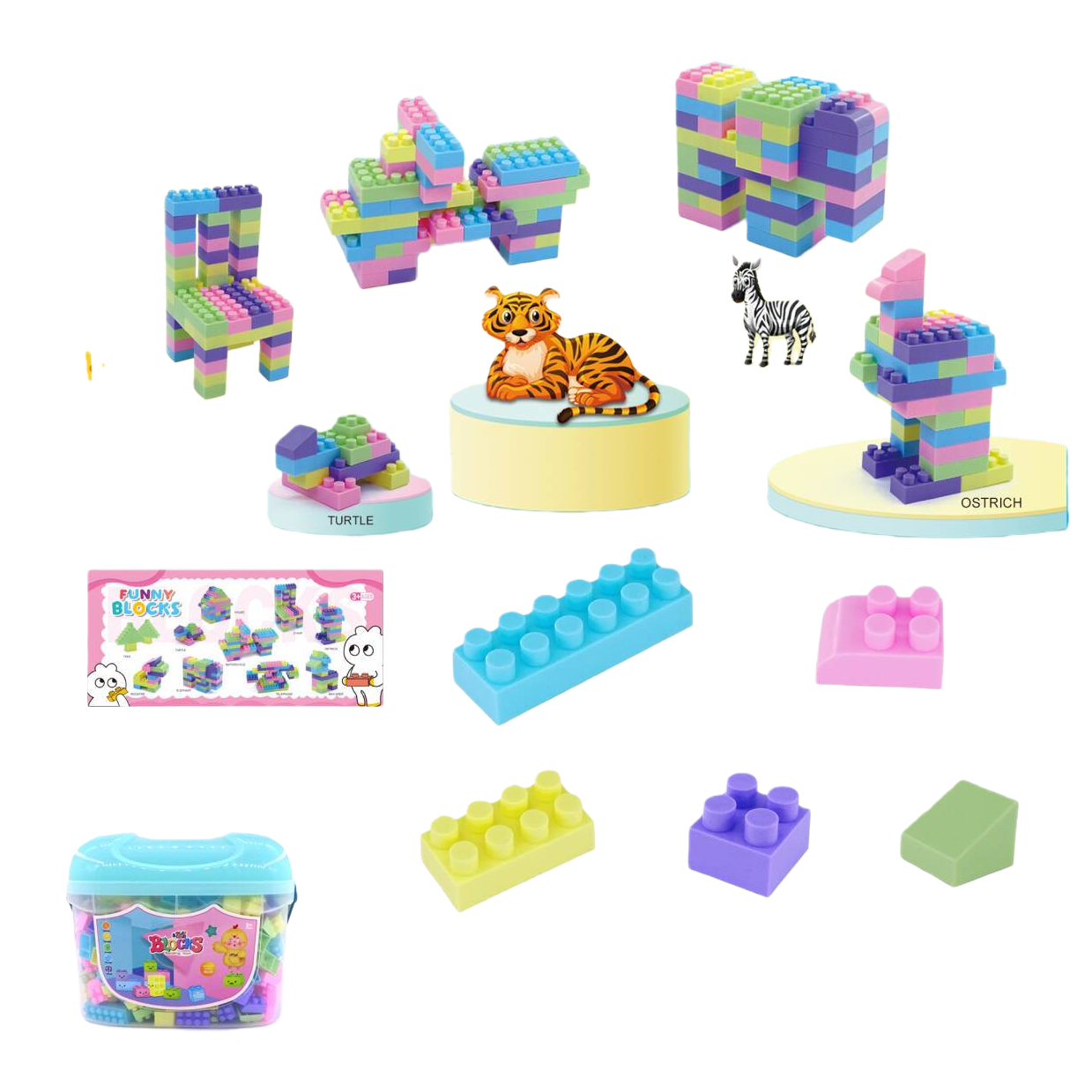 Colorful large-particle animal-shaped children's building block toy set, including elephant, giraffe, zebra, ostrich, tiger, turtle, motorcycle, chair and storage box
