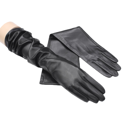 Black long adult warm gloves made of goatskin
