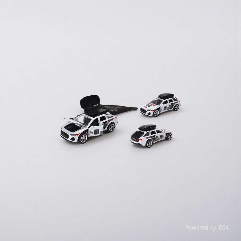 Audi RS6 Track Edition five-door alloy car model 1:36, white with black and red decorations, openable doors, hood, trunk with black luggage rack, No. 44 sponsor logo details Picture