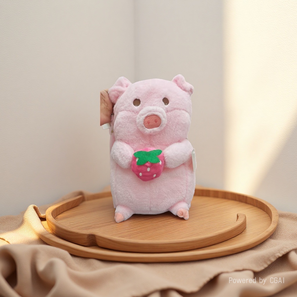A pink piglet plush toy with a strawberry pattern in hand, a trendy plush schoolbag Application Scenario