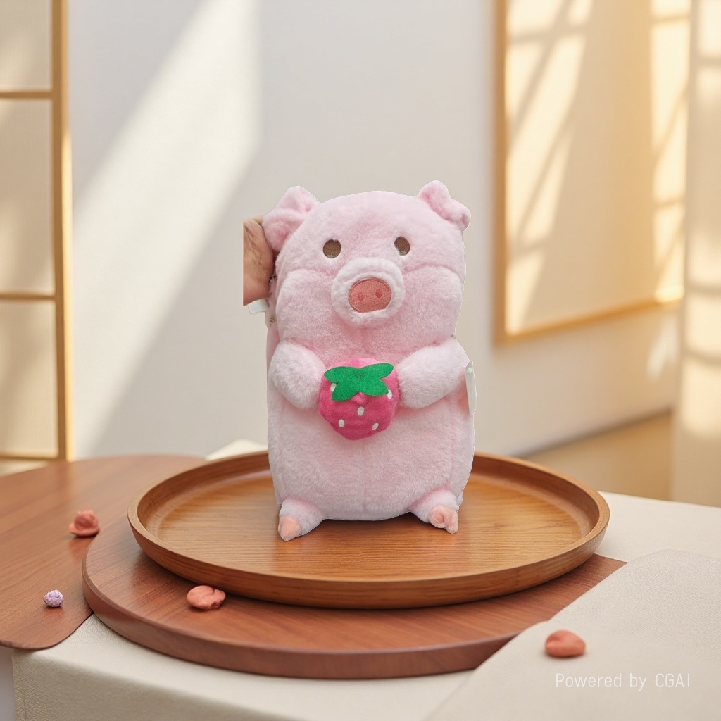 A pink piglet plush toy with a strawberry pattern in hand, a trendy plush schoolbag details Picture