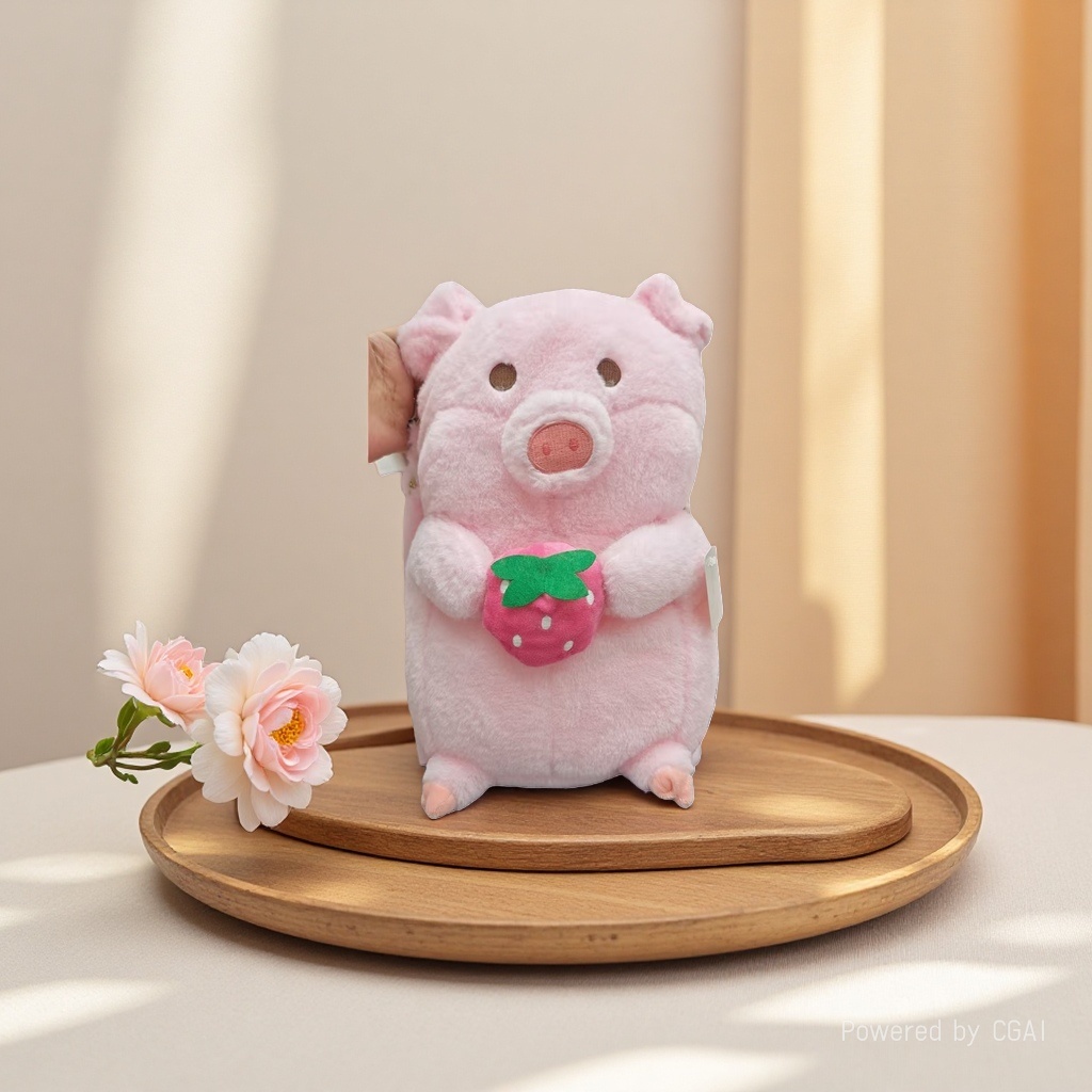 A pink piglet plush toy with a strawberry pattern in hand, a trendy plush schoolbag