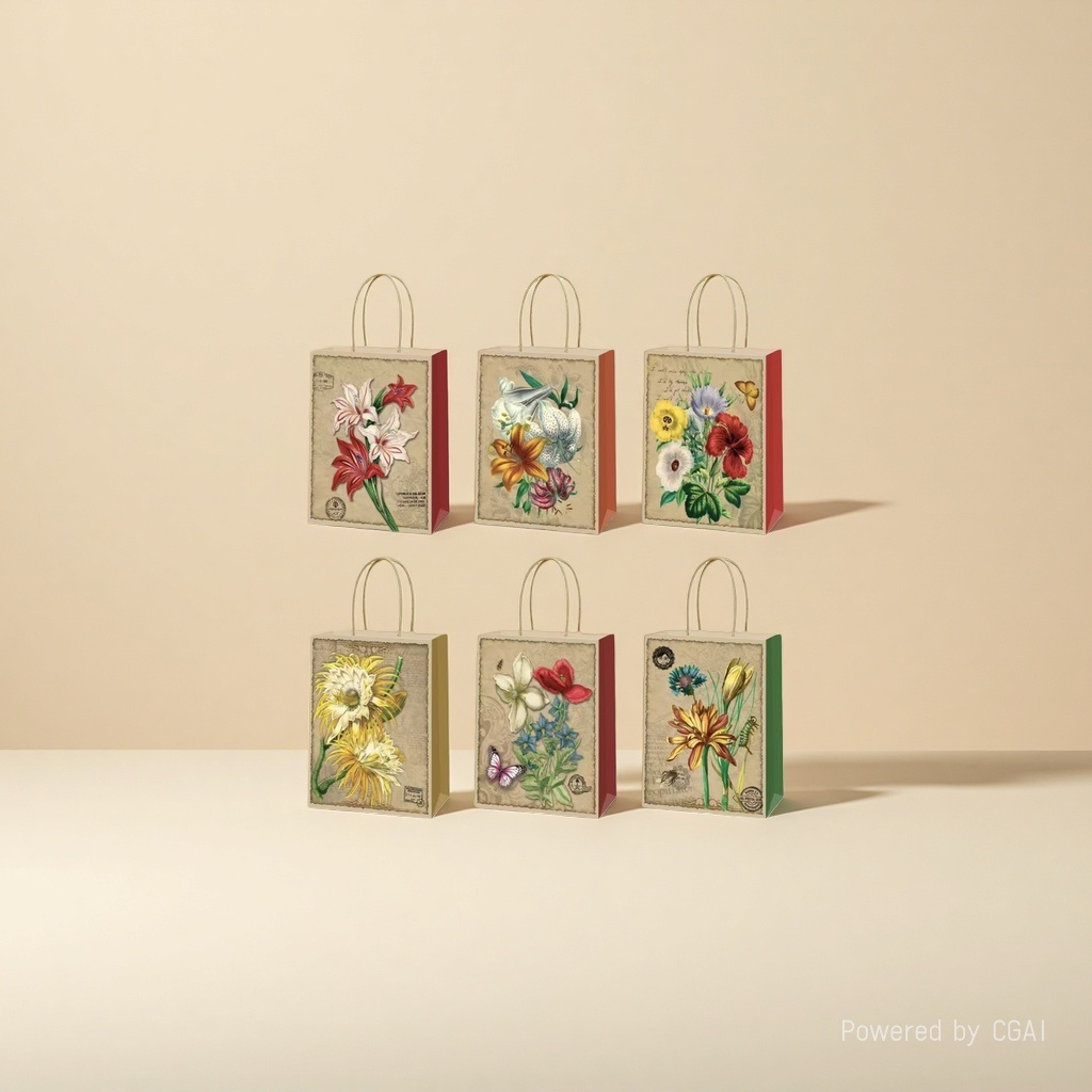 Thick and simple PP gift bag with retro floral patterns made of kraft paper and plastic details Picture