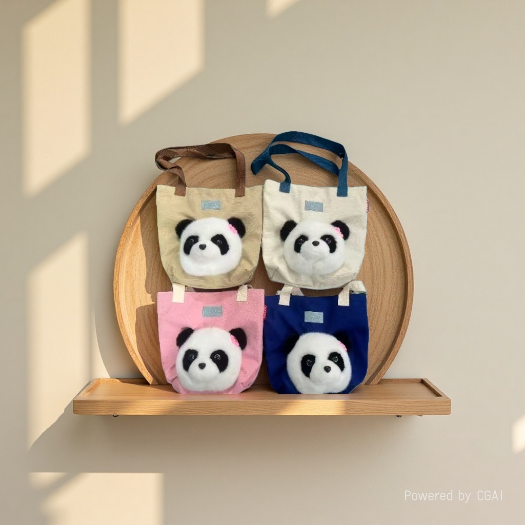 Cute flower panda single-shoulder bag, Tote cartoon canvas bag, large capacity doll zipper, plush toy back details Picture