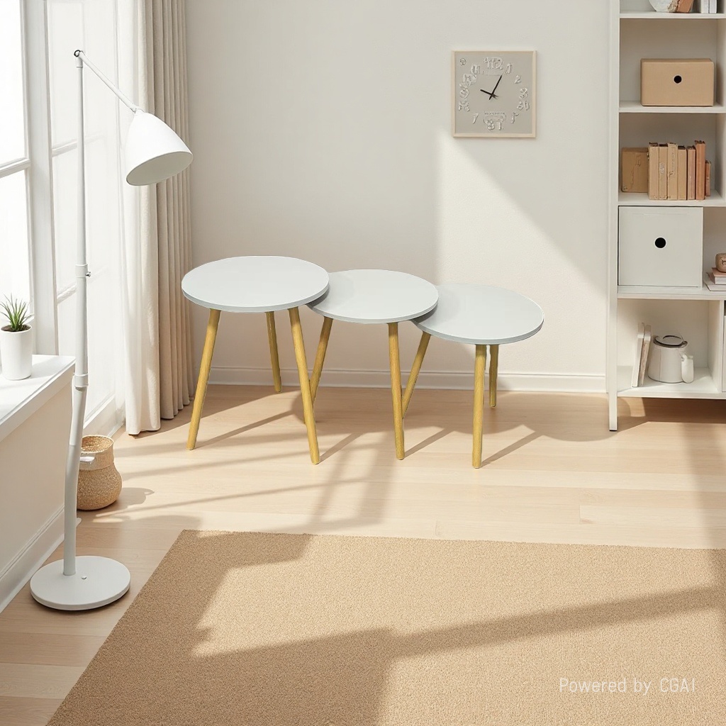 The light wood-colored three-legged coffee table set includes three white round tabletop coffee tables and a small coffee table Specification image