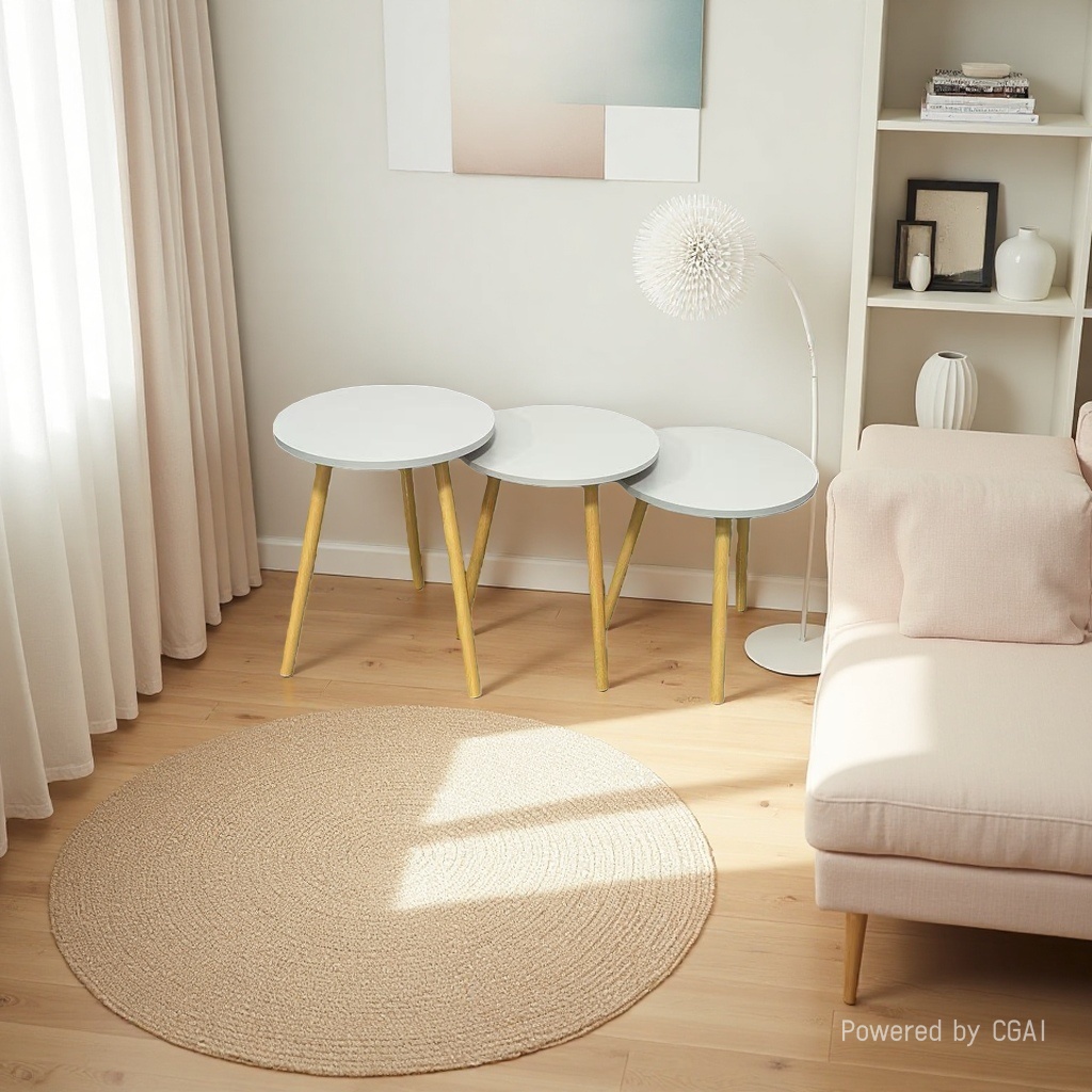 The light wood-colored three-legged coffee table set includes three white round tabletop coffee tables and a small coffee table Application Scenario