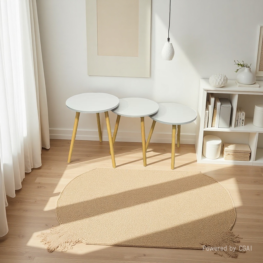 The light wood-colored three-legged coffee table set includes three white round tabletop coffee tables and a small coffee table details Picture